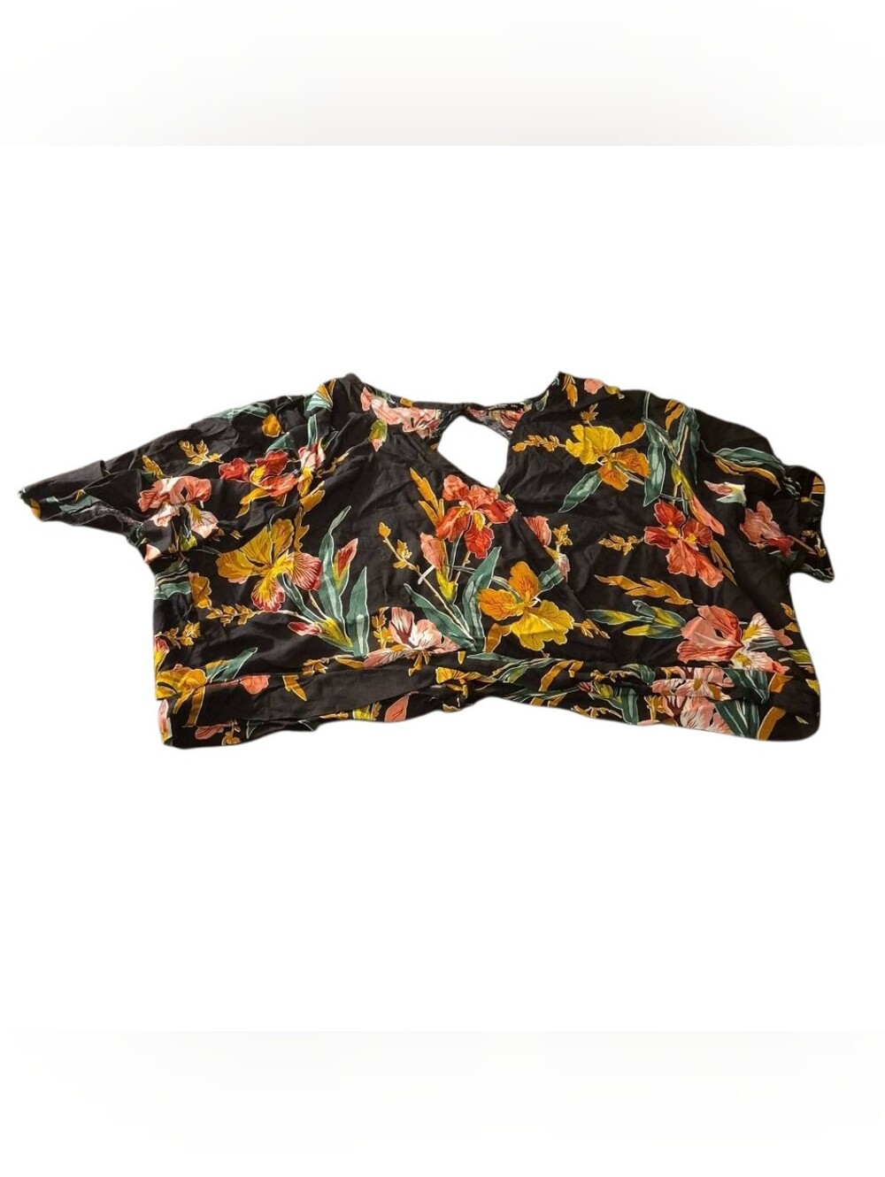 SHEIN Black Floral Keyhole Crop Top with Yellow & Coral Blooms